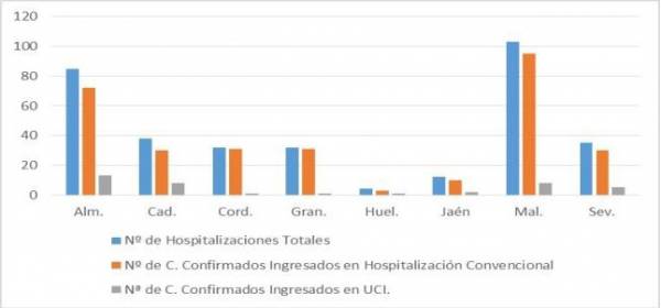 Salud y Familias informa de que, actualmente, 341 pacientes confirmados con COVID-19 permanecen ingresados en los hospitales andaluces, de los que 39 se encuentran en UCI