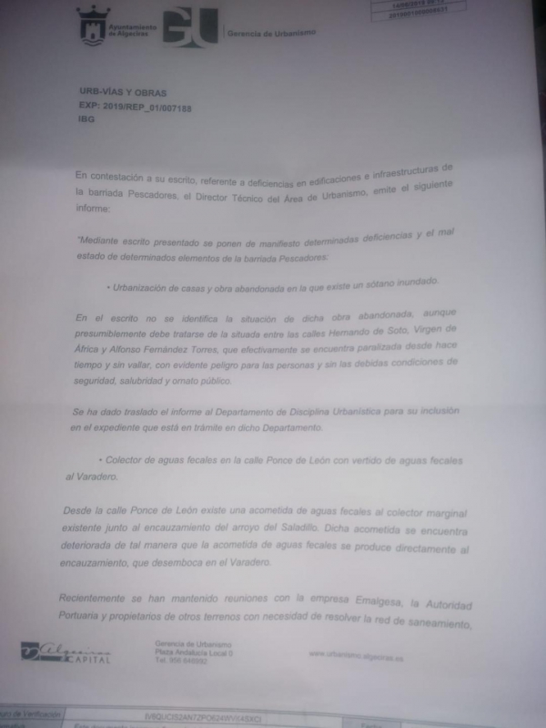 El Ayuntamiento de Algeciras contesta por escrito a la denuncia registrada por Alternativa Republicana en relación a la barriada de Pescadores