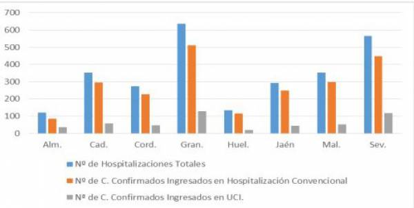 Salud y Familias informa de que, actualmente, 2.727 pacientes confirmados con COVID-19 permanecen ingresados en los hospitales andaluces, de los que 501 se encuentran en UCI