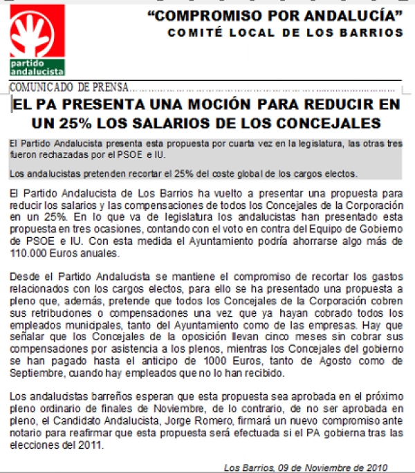Podemos Los Barrios presentará la moción para reducir el coste político un 25% que defendió el PA en la oposición
