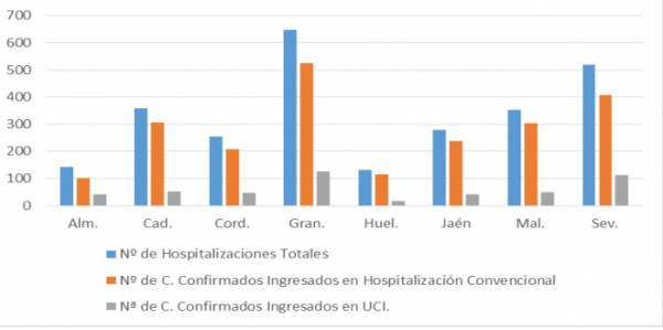 Salud y Familias informa de que, actualmente, 2.687 pacientes confirmados con COVID-19 permanecen ingresados en los hospitales andaluces, de los que 483 se encuentran en UCI