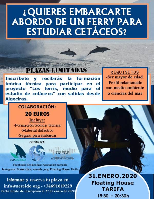 Ultimas plazas para la formación en Tarifa de las personas voluntarias que quieren incorporarse al proyecto “Los ferris, medio para estudiar los cetáceos” del Estrecho de Gibraltar”