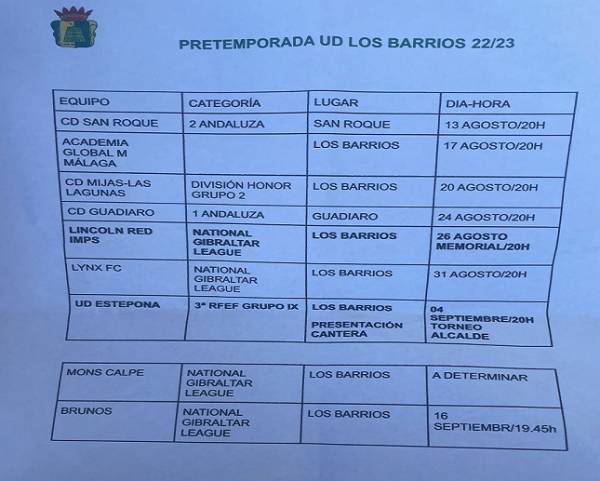 Se da a conocer la lista oficial de partidos de la pretemporada de la Unión Deportiva Los Barrios