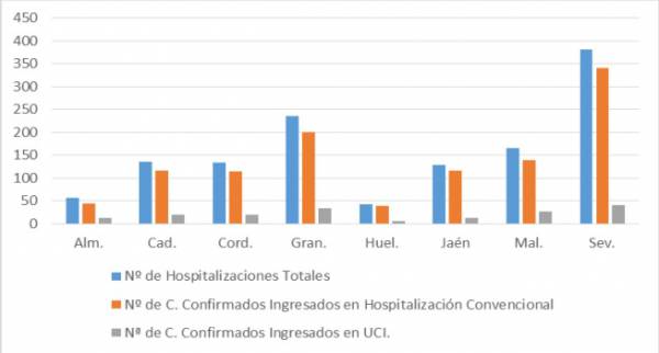 Salud y Familias informa de que, actualmente, 1.281 pacientes confirmados con COVID-19 permanecen ingresados en los hospitales andaluces, de los que 171 se encuentran en UCI