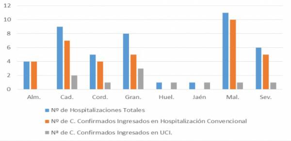 La Consejería de Salud y Familias informa de que, actualmente, 45 pacientes confirmados con COVID-19 permanecen ingresados en los hospitales andaluces, de los que 10 se encuentran en UCI