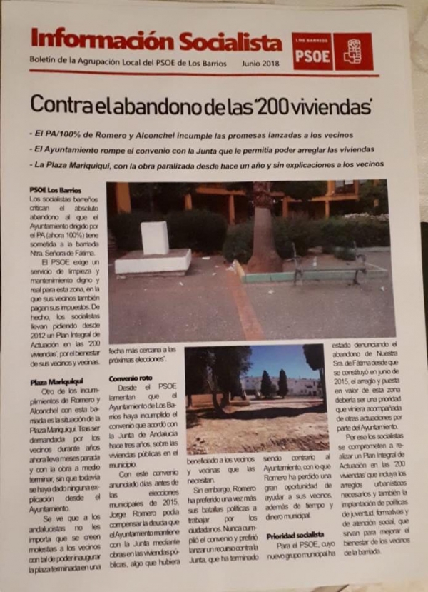 El PSOE de Los Barrios dedica su último boletín al abandono municipal de la barriada Nuestra Señora de Fátima
